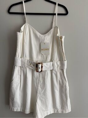 Show Me Your MuMu White Belted Cotton Romper with Tortoiseshell Buckle